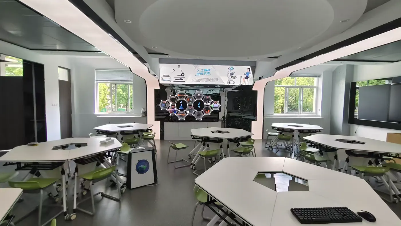 Shanghai STEAM lab with classroom tables and display wall
